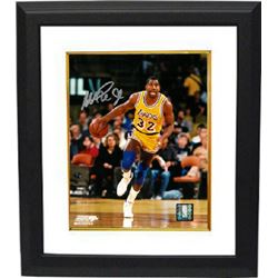 Magic Johnson Signed Los Angeles Lakers 8X10 Photo Custom Framed (Yellow Jersey Dribble-Silver Sig)