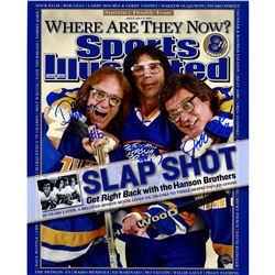 Hanson Brothers Charleston Chiefs Triple Signed Sports Illustrated Cover 8X10 Photo (Signed In Blue)