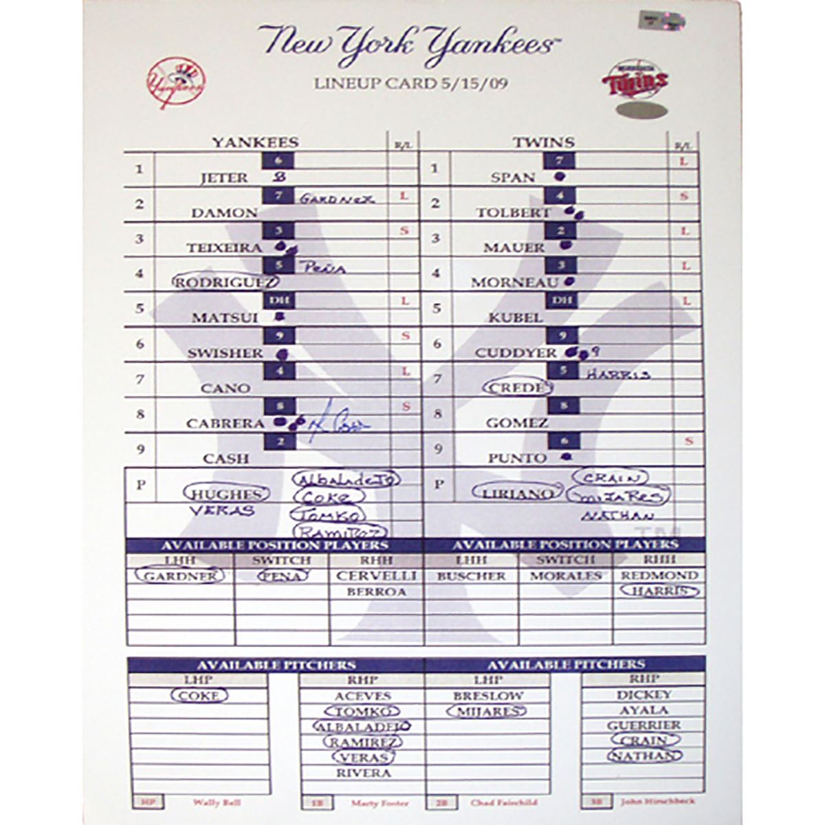 Replica Lineup Card Melky Cabrera Yankees 5-15-2009 Replica Lineup Card