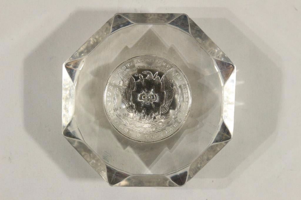 LUCITE PAPERWEIGHT WITH 1887 MORGAN SILVER DOLLAR