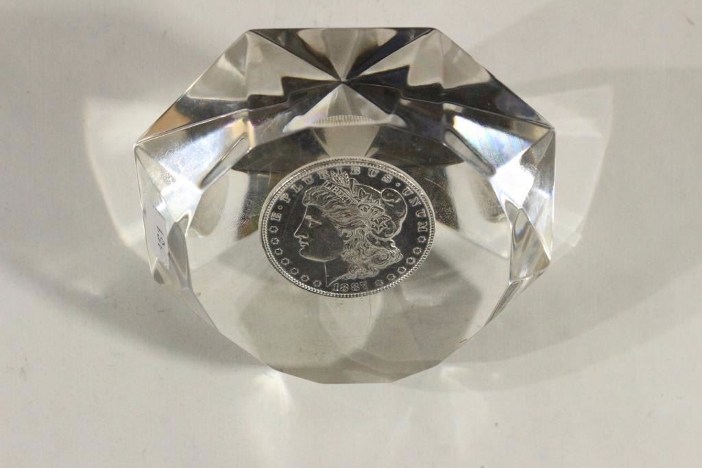 LUCITE PAPERWEIGHT WITH 1887 MORGAN SILVER DOLLAR