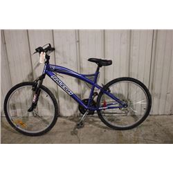 2 BIKES: BLUE RALEIGH FRONT SUSPENSION BIKE AND PURPLE SUPERCYCLE MOUNTAIN BIKE