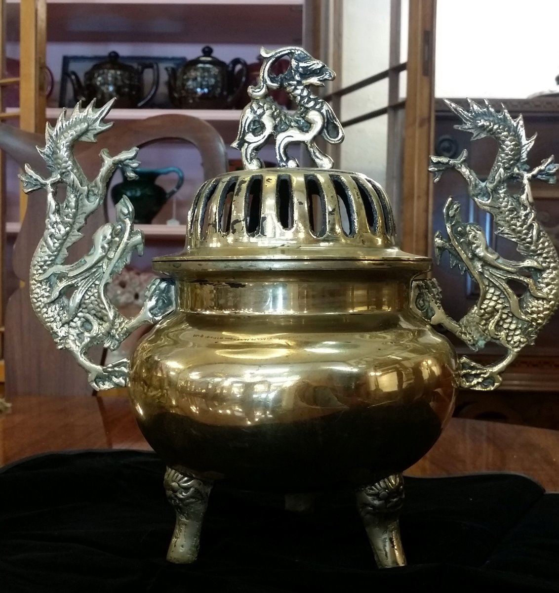 Vintage Large Chinese Dragon Brass Incense Burner 11"