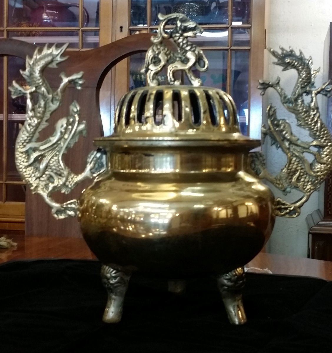 Vintage Large Chinese Dragon Brass Incense Burner 11"
