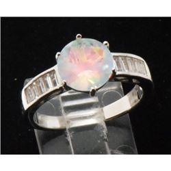 Certified GLA Opal Ring with Natural White Sapphire Baguettes in Platinum/Silver 9x7mm/3.80 grams