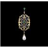 Image 1 : Pearl, Emerald and Diamond Pendant - 18KT Yellow Gold