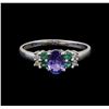 Image 2 : 14KT White Gold 0.59 ctw Tanzanite, Emerald and Diamond Ring