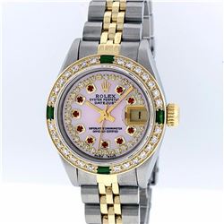 Rolex Two-Tone Pink MOP Ruby and Emerald Diamond DateJust Ladies Watch