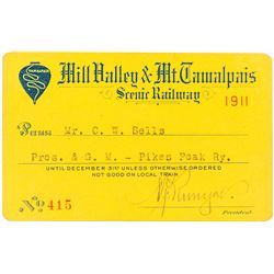 Mill Valley & Mt. Tamalpais Scenic Railway Pass (1911)