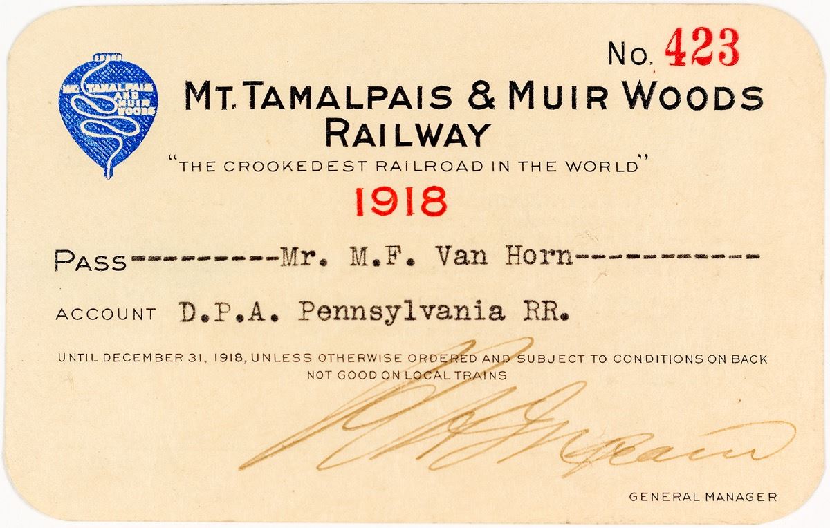 Mt. Tamalpais & Muir Woods Railway Annual Pass (1918)