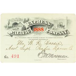 Pacific Express Company Annual Pass (1888) (Pictorial) Issued to Assistant Superintendent