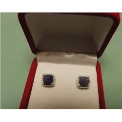 NEW EARRINGS - 2.3CT PRINCESS FACETTED BLUE SAPPHIRE & DIAMONDS IN STERLING SILVER SETTING - INCLUDI