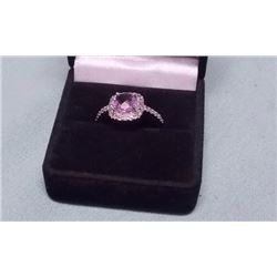 RING - 1.28 CUSION FACETTED AMETHYST AND DIAMONDS IN STERLING SILVER SETTING - INCLUDES CERTIFICATE 