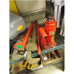 ASSORTED TOOLS. BOTTLE JACK & 2 PIPE WRENCHES