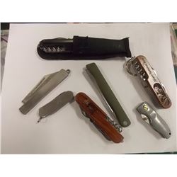 ASSORTED KNIVES - 7 TTL - INCLUDES CARVED MULTI BLADE KNIFE AND MORE
