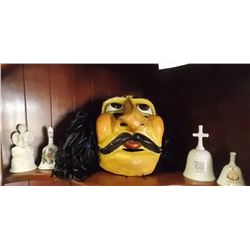 LARGE PAPER MACHE MASK & 4 BELLS