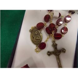 ROSARY - "SAINT THERESE PRAY FOR US - RED BEADS - WITH CASE
