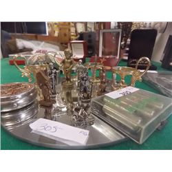 PITCH PIPE, MINITURE ARMY MEN, PILL CONTAINER & BRASS LICENSE HOLDER - ALL ONE LOT