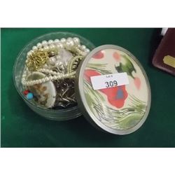 LIDDED TRINKET JAR WITH ASSORTED JEWELERY