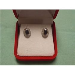 EARINGS - 1.2 CTW OVAL FACETTED BLUE SAPPHIRE AND GENUINE DIAMONDS IN STERLING SILVER SETTING - POST