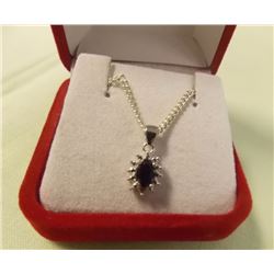 NECKLACE - BLACK SAPPHIRE AND GENUINE DIAMONDS IN STERLING SILVER SETTING WITH PLATINUM OVERLAY FOR 