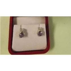 EARRINGS - NEW - AMETHYST & DIAMOND STUD EARRINGS IN STERLING SILVER SETTING - HAS PLATINUM FINISH F