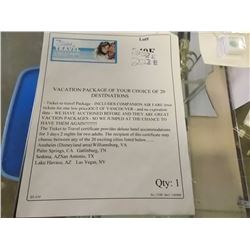 VACATION PACKAGE OF YOUR CHOICE OF 20 DESTINATIONS - Ticket to travel Package - INCLUDES COMPANION A