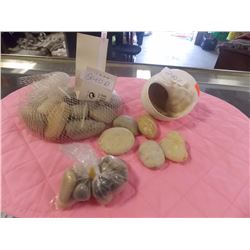 LARGE SHELL & BAG OF POLISHED ROCKS - & SMALL BAG OF ROCKS