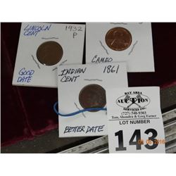 Set of Pennies Indian Cent 1861, Lincoln 1932, Cameo Proof 1972