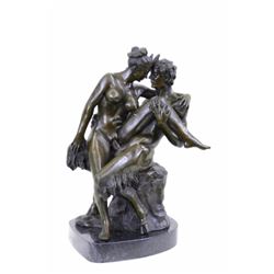 Nude Erotic Nymph With Satyr Bronze Sculpture on marble base