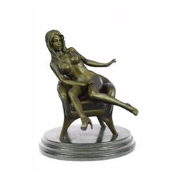 Erotic Nude Woman Girl Sexy Explicit Chair Pose bronze Statue on marble base