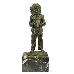 Indian With Feathered Headdress Holding An Ox Head Bronze Sculpture