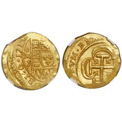 Mexico City, Mexico, cob 2 escudos, 1714J, encapsulated NGC MS 65, from the 1715 Fleet (stated insid