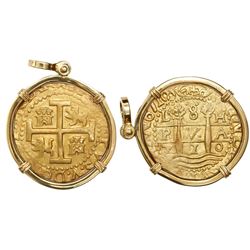 Lima, Peru, cob 8 escudos, 1710H, mounted in 18K pendant-bezel with swivel bail, from the 1715 Fleet