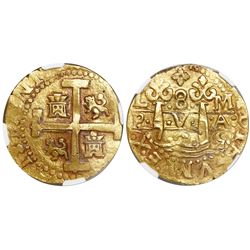 Lima, Peru, cob 8 escudos, 1725M, (Louis I), encapsulated NGC MS 61, finest known in NGC census, fro