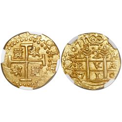 Lima, Peru, cob 2 escudos, 1710H, encapsulated NGC MS 64, tied for finest known in NGC census, from