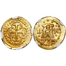 Lima, Peru, cob 1 escudo, 1710H, encapsulated NGC MS 65, finest known in NGC census, from the 1715 F