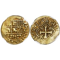 Bogota, Colombia, cob 8 escudos, 1744S, E-S to right (8-F to left), very rare, encapsulated NGC XF 4