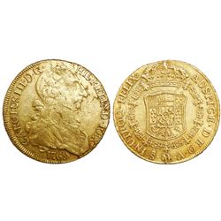 Santiago, Chile, bust 8 escudos, Charles III (young bust), 1769A, rare.