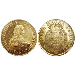 Santiago, Chile, bust 8 escudos, Ferdinand VI, 1751J, encapsulated NGC MS 64, from the Luz (1752), s