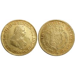 Popayan, Colombia, bust 8 escudos, Charles III (bust of Ferdinand VI), 1762J, mintmark P•N.