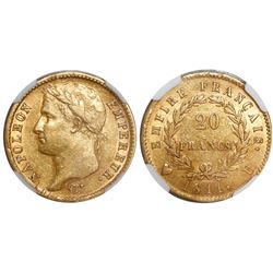 France (Turin mint), 20 francs, Napoleon I, 1811-U, encapsulated NGC AU 53.