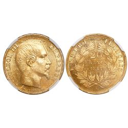 France (Paris mint), 20 francs, Napoleon III, 1853-A, encapsulated NGC MS 63.