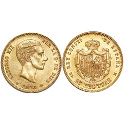 Madrid, Spain, 25 pesetas, Alfonso XII, 1876DEM, with 18-76 in stars.