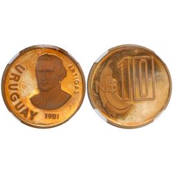 Uruguay (struck in Santiago), proof 10 new pesos, 1981, encapsulated NGC PR 64 Ultra Cameo.