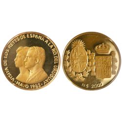 Uruguay, proof 2000 new pesos in gold, 1983, proposed royal visit, encapsulated NGC PR 66 Ultra Came