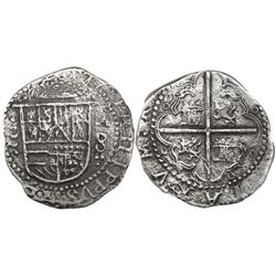 Valladolid, Spain, cob 8 reales, Philip II, assayer oA to right, denomination 8, rare.