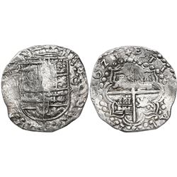 Potosi, Bolivia, cob 8 reales, 1621(T), with upper half of shield and quadrants of cross transposed,