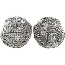 Potosi, Bolivia, cob 8 reales, 1621T, upper half of shield and quadrants of cross transposed, Grade