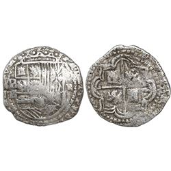 Potosi, Bolivia, cob 2 reales, Philip II, assayer B (5th period), border of x's on obverse, border o